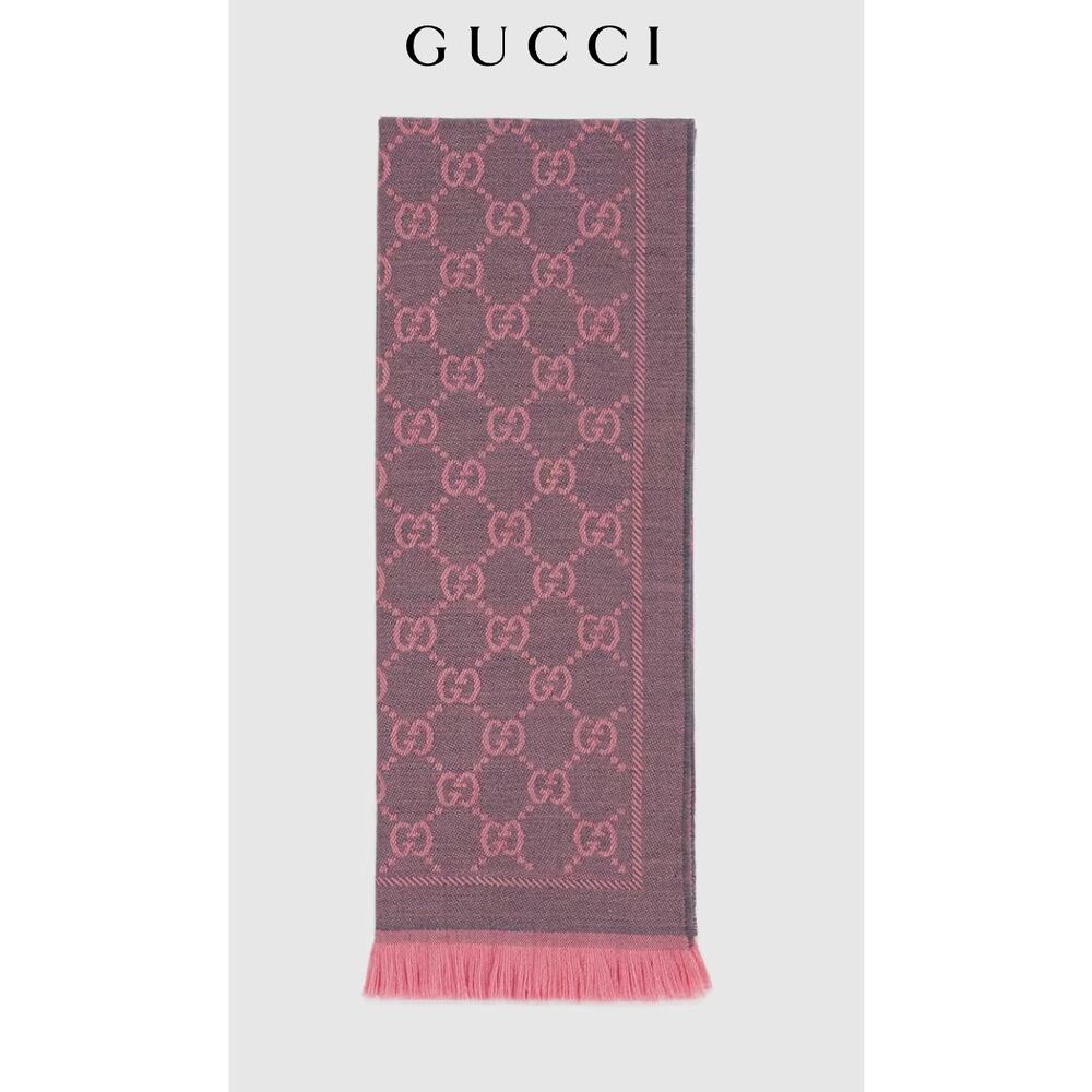 💗 Gucci GG Wool Monogram Fringe Scarf Graphite Pink NIB